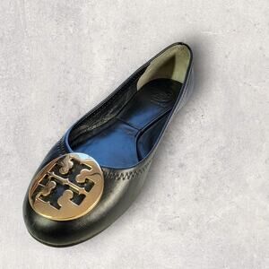 Tory Burch Womens Black Leather Ballet Flats Shoes 5.5 Slip On Gold Logo Travel